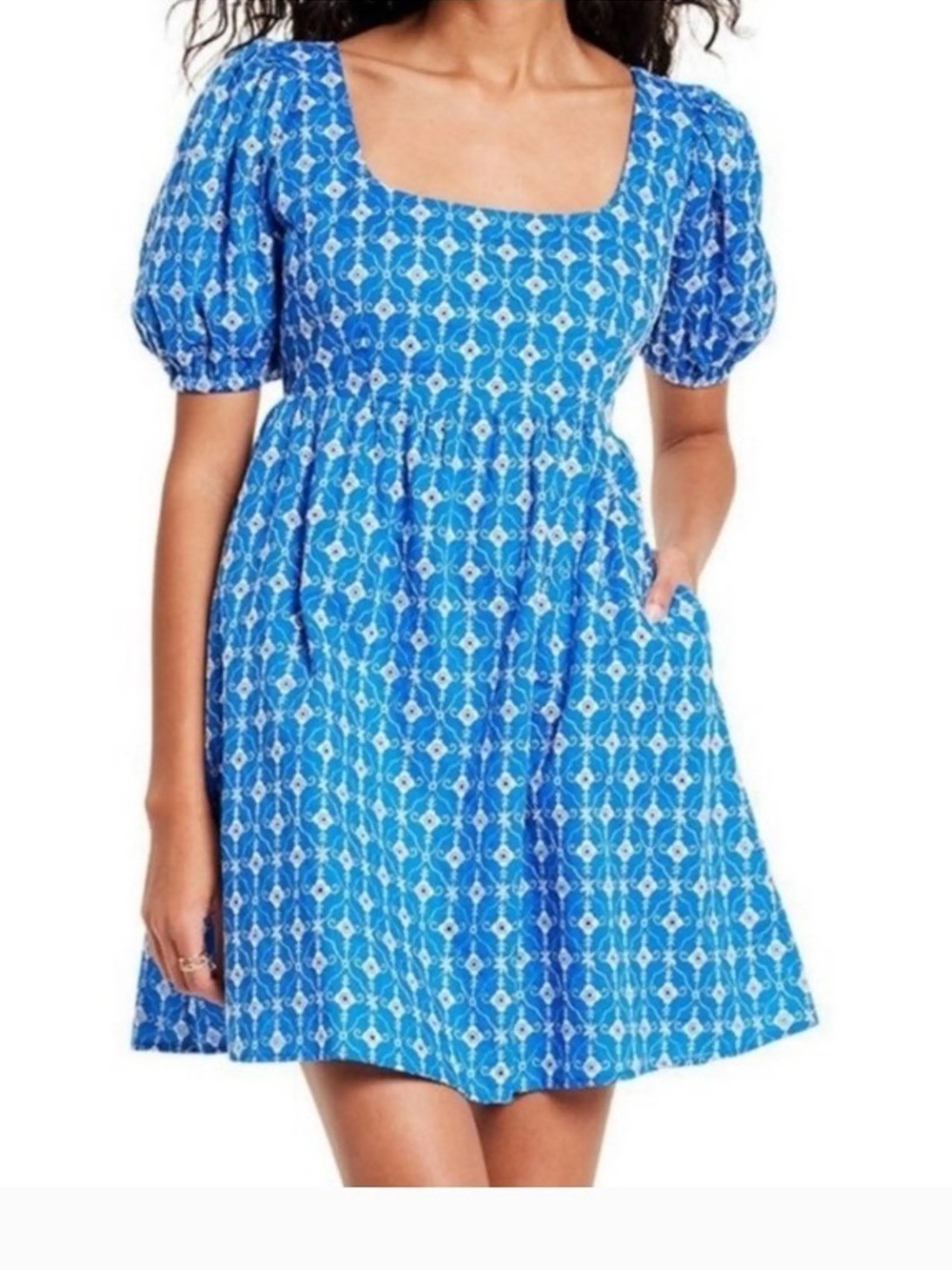 RHODE x Target Blue Printed Square-Neck Puff Sleeve Dress